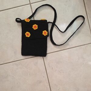 Black Crochet Crossbody Bag with Yellow Flowers